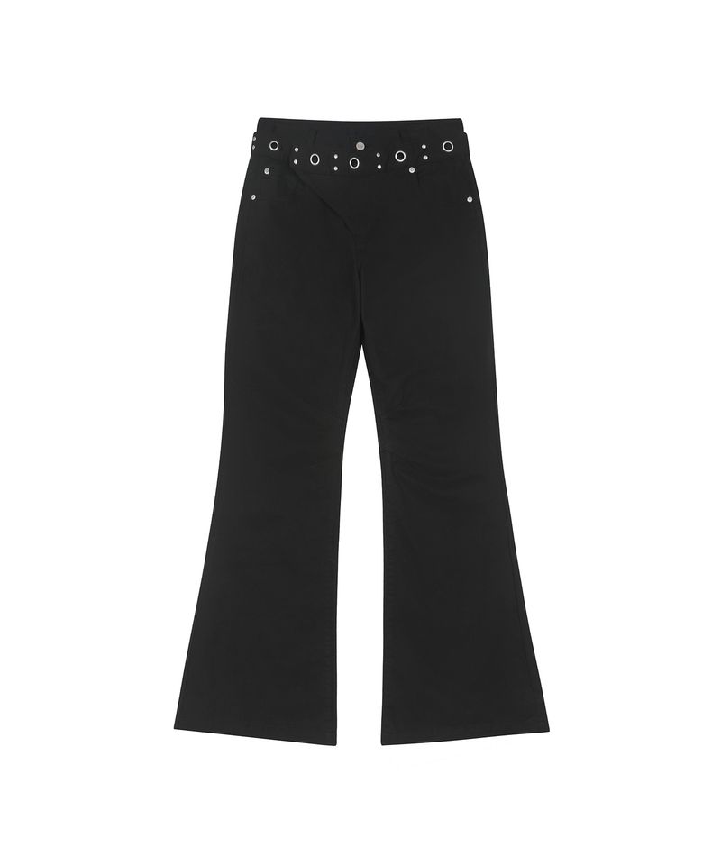 Eyelet Belted Semi Bootcut Pants - BLACK