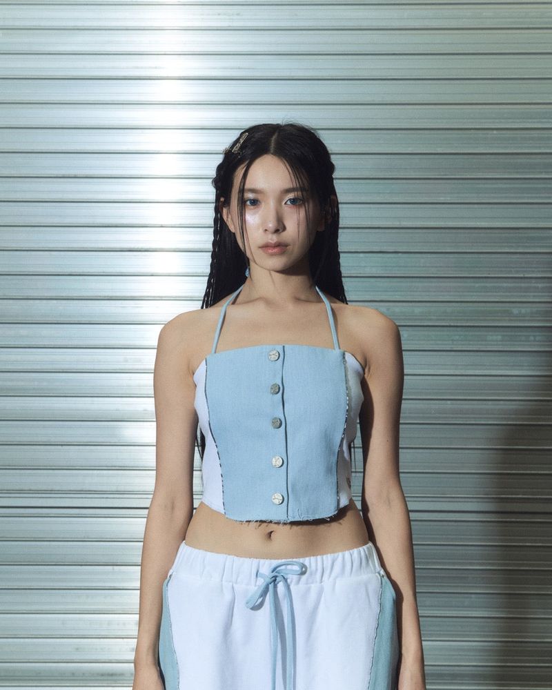 denim combi top - white