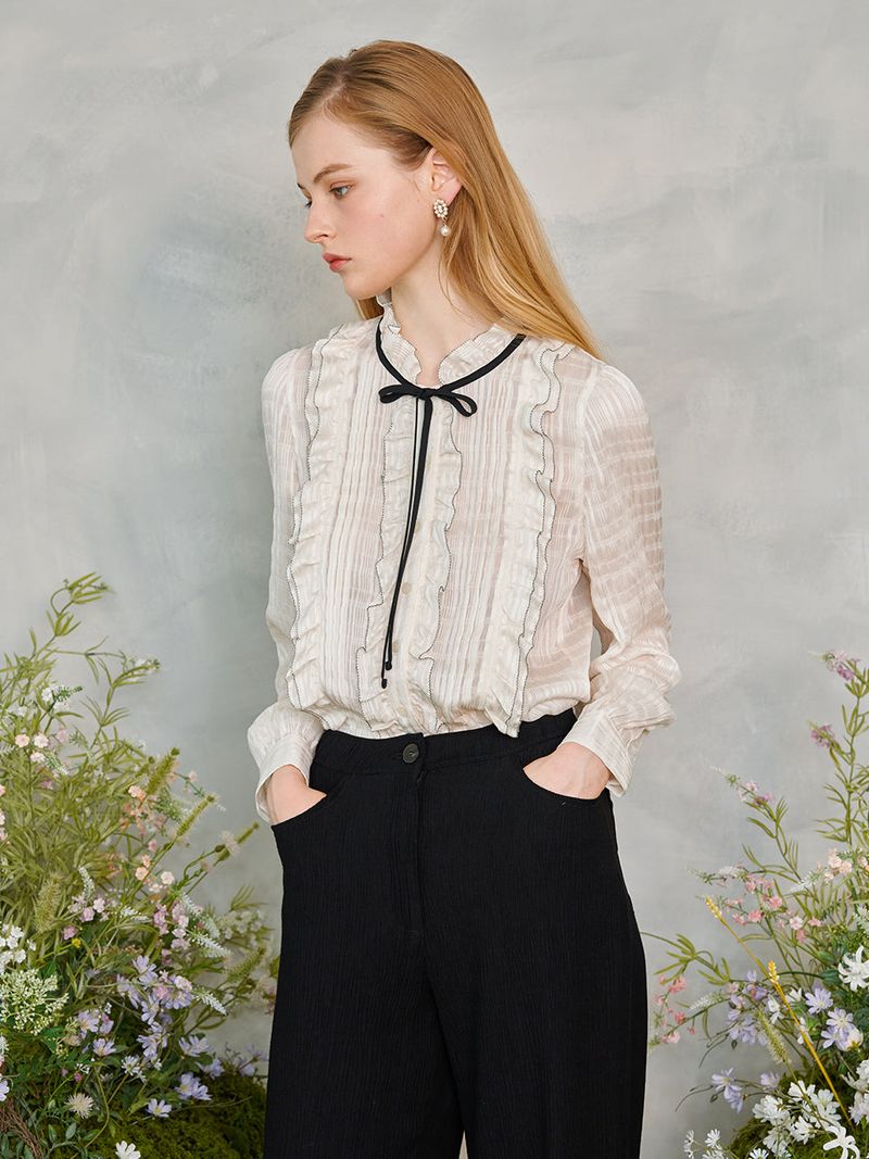 Frill Shirring Ribbon Blouse