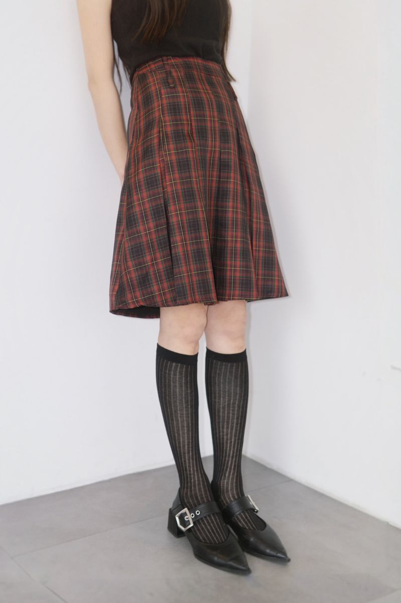 Red Preppy Checkered Midi Pleats Skirt