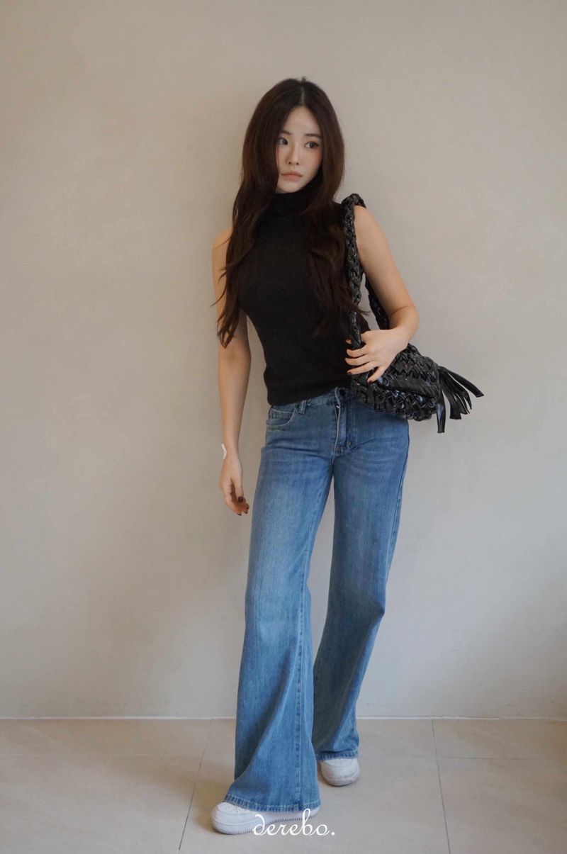low semi-long denim pants