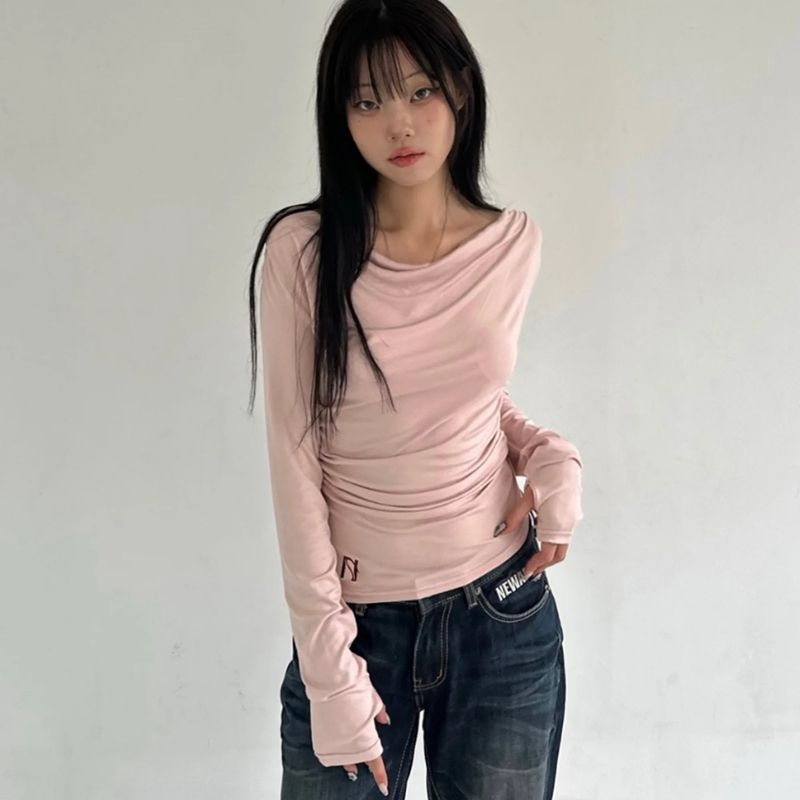 Meow Draping shrring Boat neck Top
