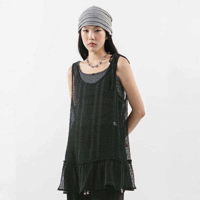 TUOMIO（トゥオミオ）の「FRILL LAYERED DOT DRESS [BLACK]（Dresses）」