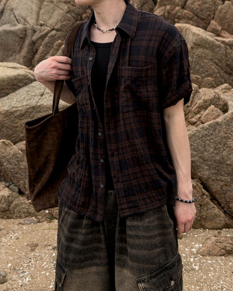 Embossed Texture Check Roll-Up Shirt