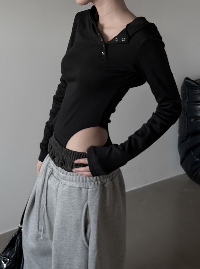 Cutout Bodysuit Unbalance Snap Hood