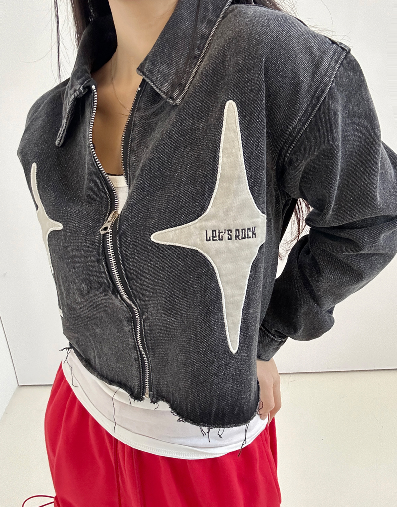 BACK STAR POINT + DAMAGED DARK BLUE DENIM JACKET🖤