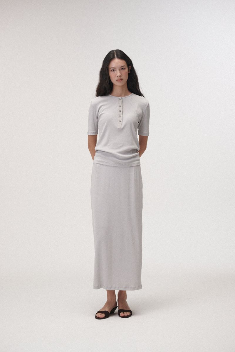 PLAT DU JOUR（プラドゥジュール）の「Jersey Long skirt (Blue grey)（Skirts）」