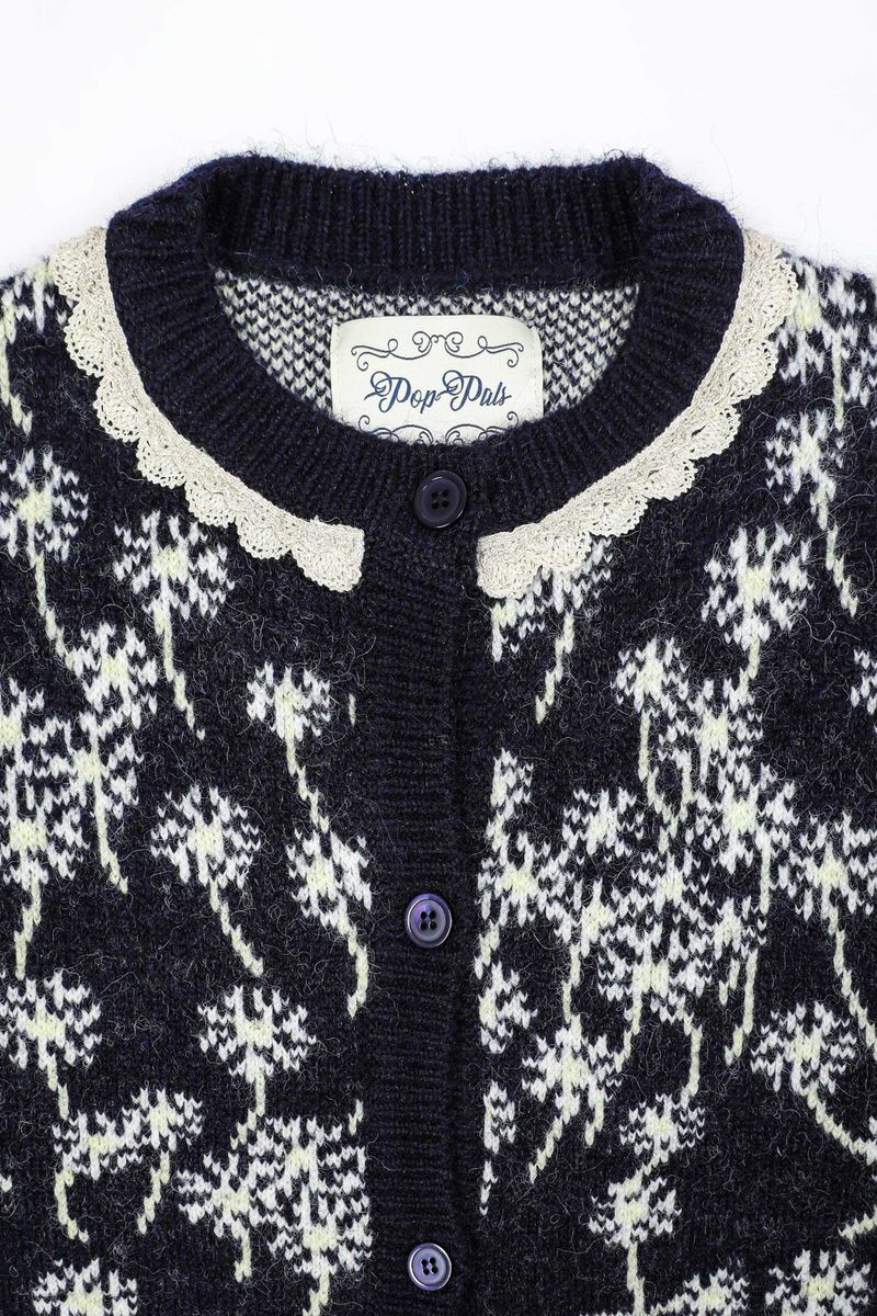 Flower Wool Cardigan [Navy]