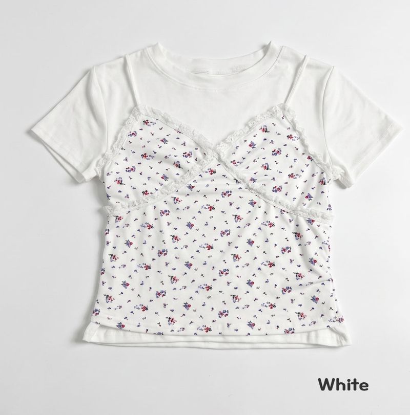 Cute Small Floral Lace Bustier Short Sleeve Set