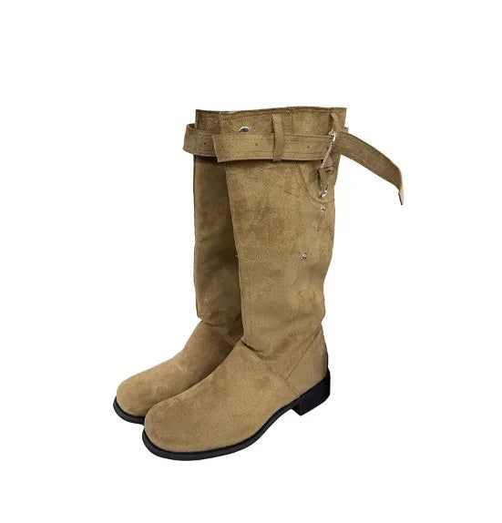 Pocket Buckle Suede Slouch Long Boots