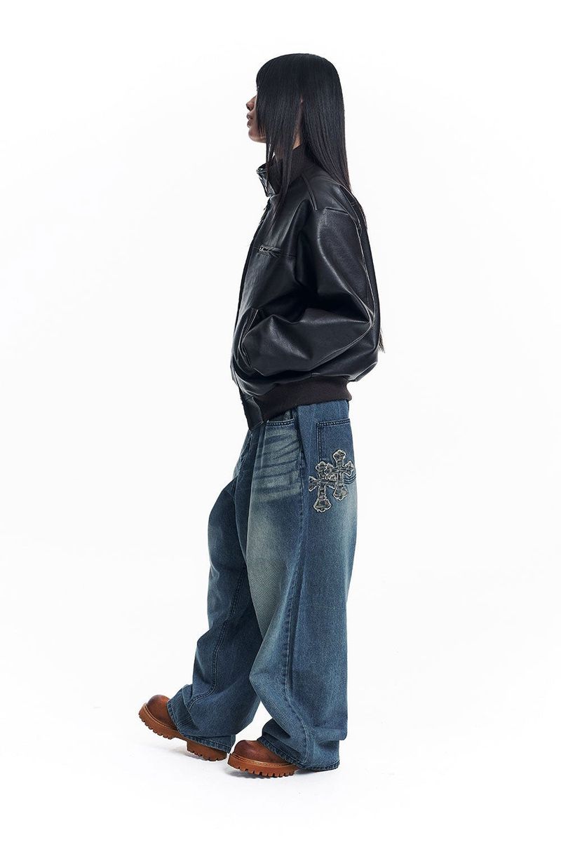 Leopard Cross Patch Roll-Up Denim Pants - Deep Blue