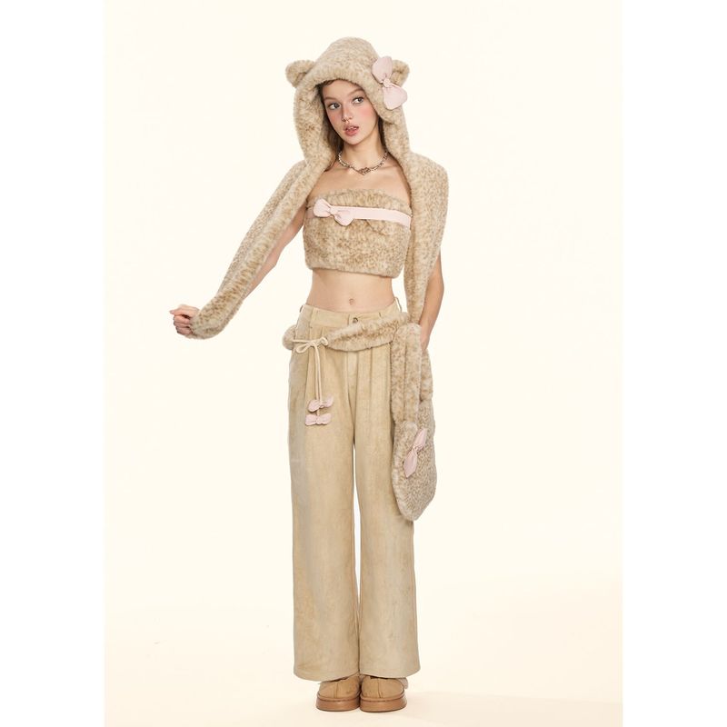 [GirlyFancyClub] Leopard Bowknot Series* Versatile Straight Leg Casual Double-sided Suede Pants