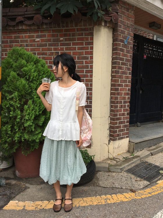 Roden Frill Cotton Balloon Short Sleeve Blouse