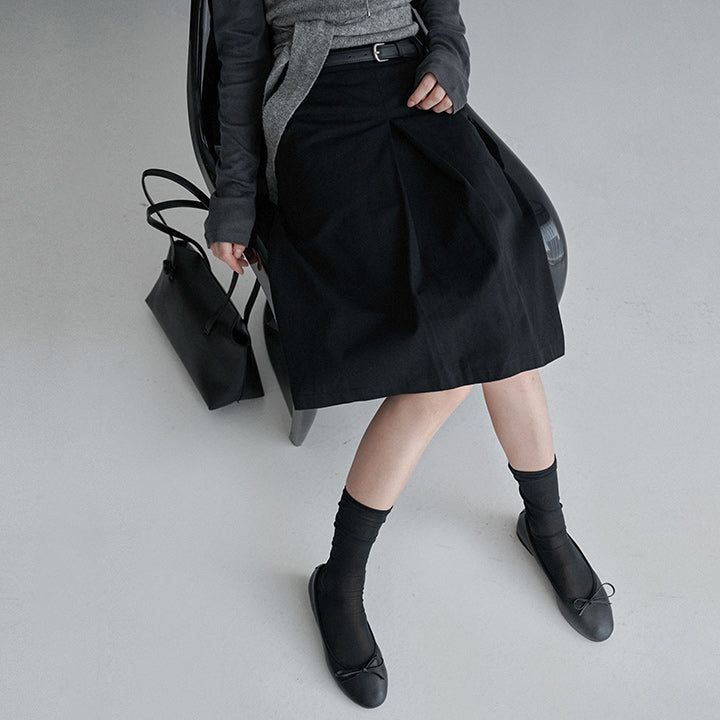 [made] [Allen] Back Banding A-Line Front Slit Cotton Midi Skirt - 3color