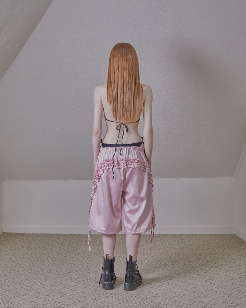 satin ruffle track pants / pink