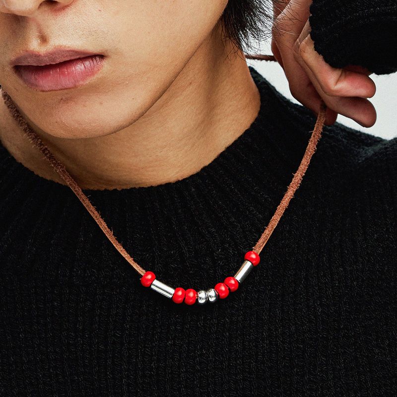 leather & turquoise beads necklace brown