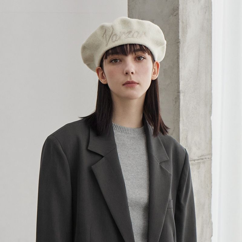 VARZAR Cursive Logo Wool Beret / Ivory