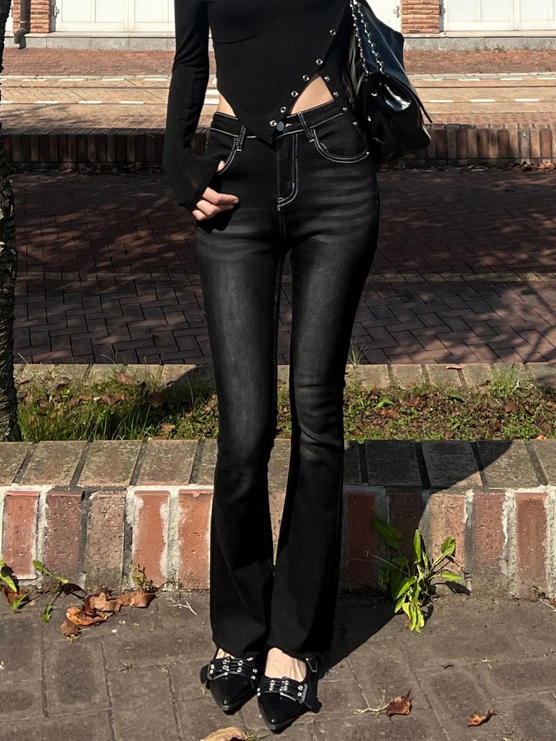 Color combination stitch gradient washed high waist spandex bootcut pants (Black)