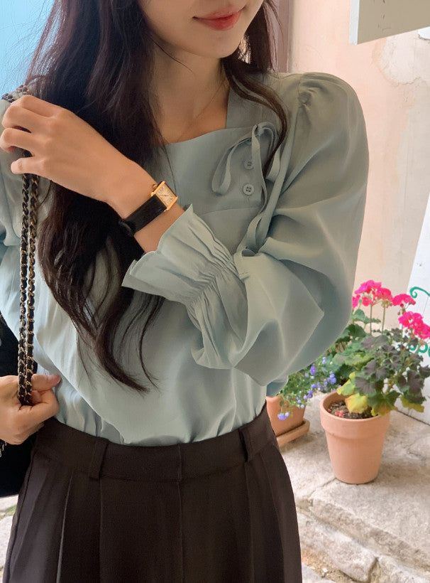 Silky Square Ribbon Frill Blouse (3color)