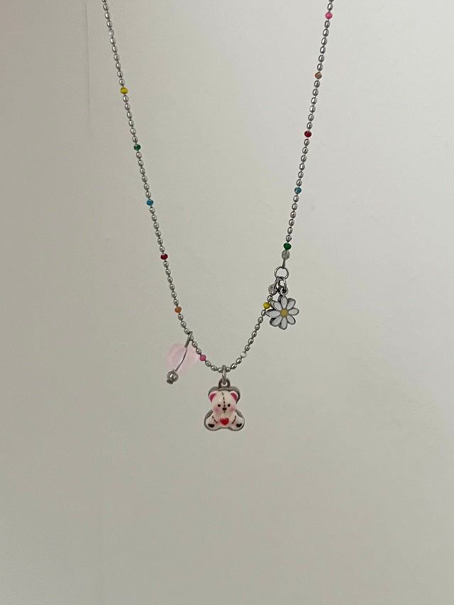 gom kitsch color beads daisy bear layered necklace