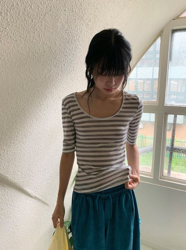 BAON（バオン）の「Yoka Stripe U-neck Layered Three Quarter Tee（Tops）」