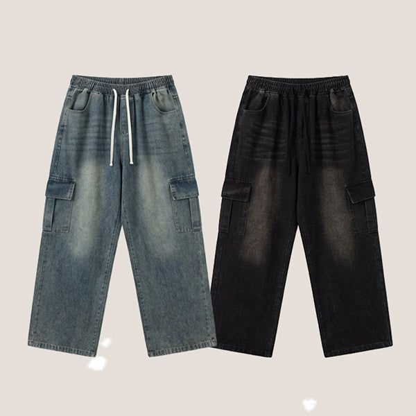 khaki waistband denim washing cargo wide pants (2 colors)