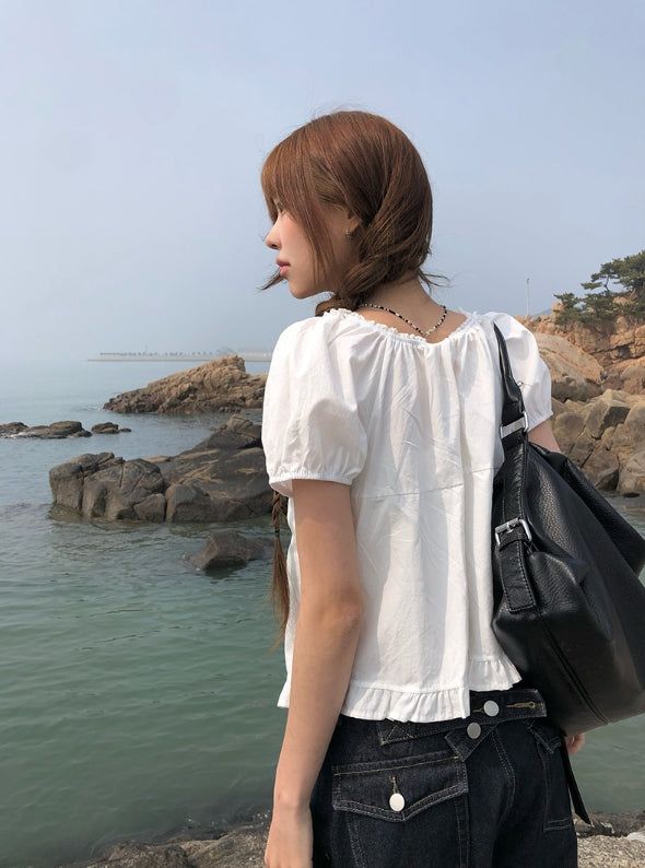 Beson Lace Button Ribbon Frill Blouse