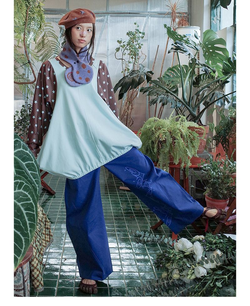 UnsocalNight2025 Original Literary Retro Autumn and Winter プリントブルーストレートマシェパンツ
