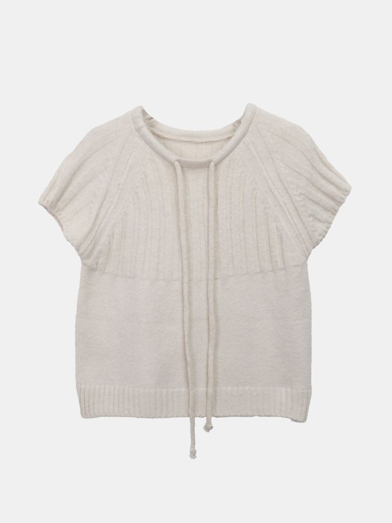 Moon Round-Neck Ribbon Layered Wool Short-Sleeve Knit