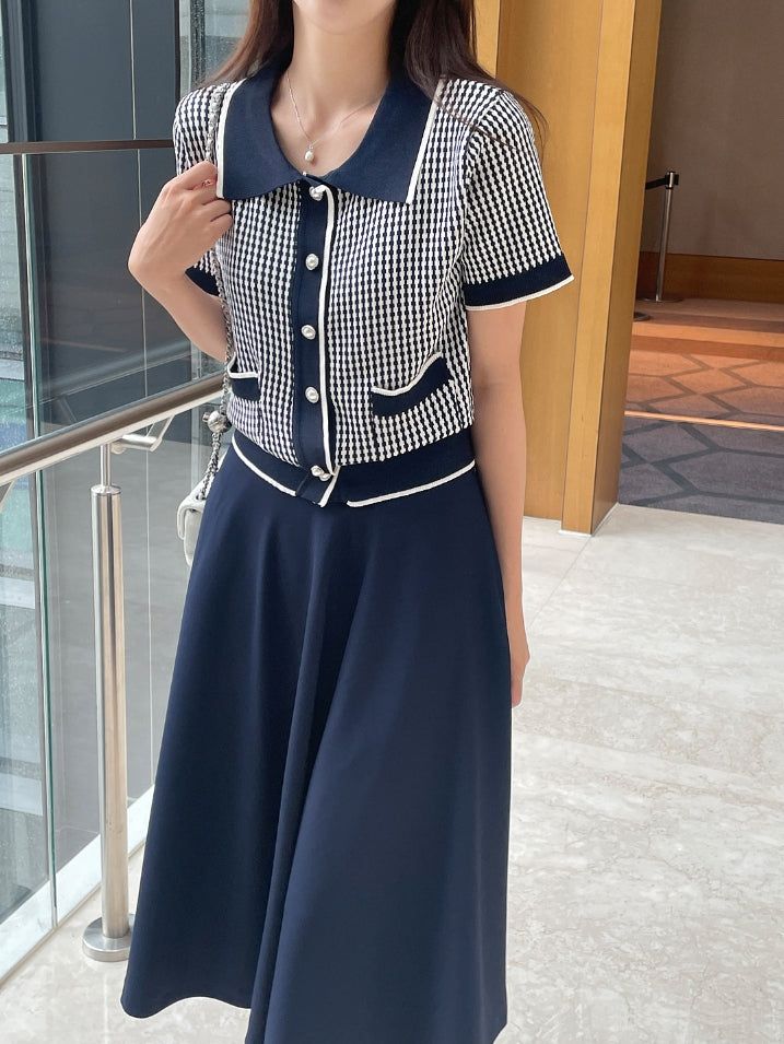 Carson Collar Color Matching Check Knit Cardigan