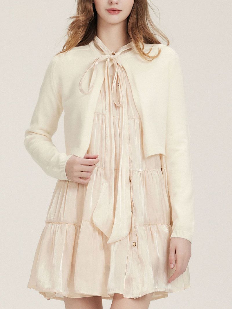 Peach puff ribbon neck shirt button dress