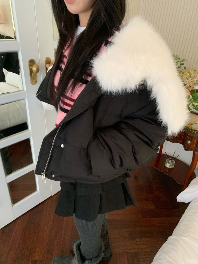 Ice Bloom Fur-Collar Duck Down Short Puffer