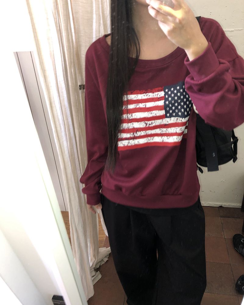 Murhit American Flag Printed One-Off Shoulder Long Sleeve Sweatshirt