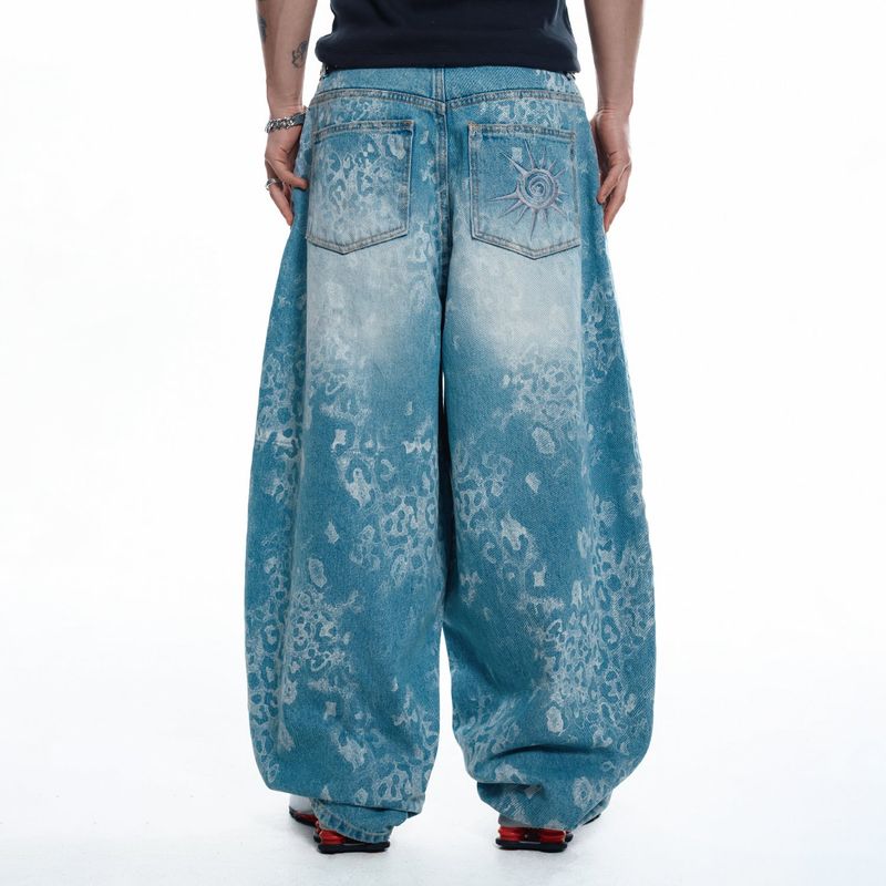 Sun Patch Leopard Balloon Denim Pants - LIGHT BLUE