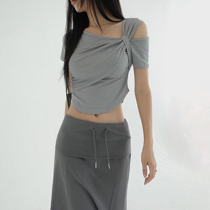 [Setina] Asymmetrical Twist Shirred Crop T-Shirt - 3 Colors