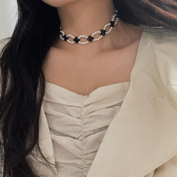 mix pearl ribbon tie choker