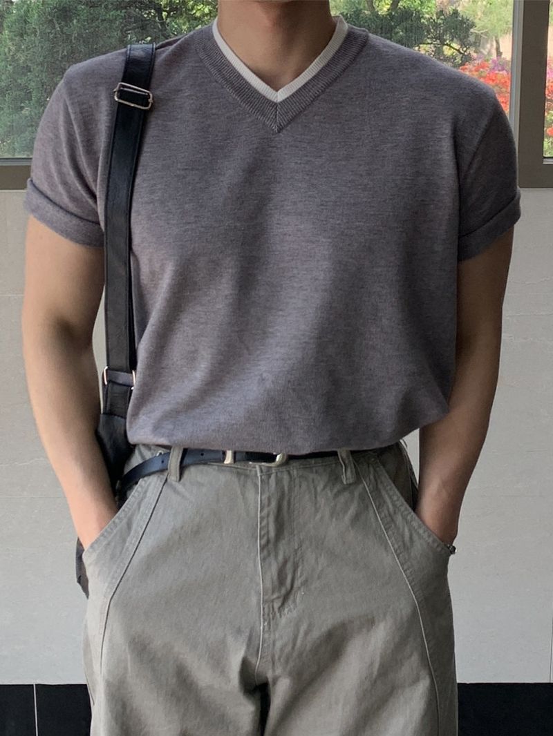 Sueno V-Neck Color Block Knit Short Sleeve