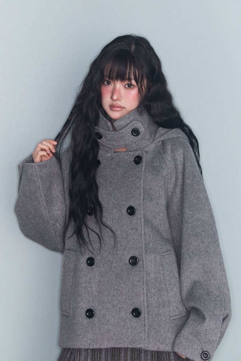 HOODED DOUBLE HALF COAT GREY