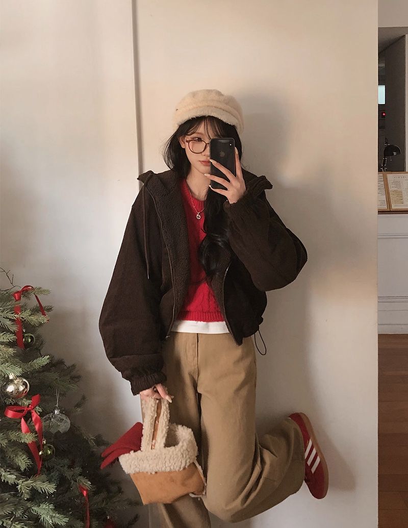 [BELLIDE MADE] Boa fleece + corduroy reversible zip-up hoodie