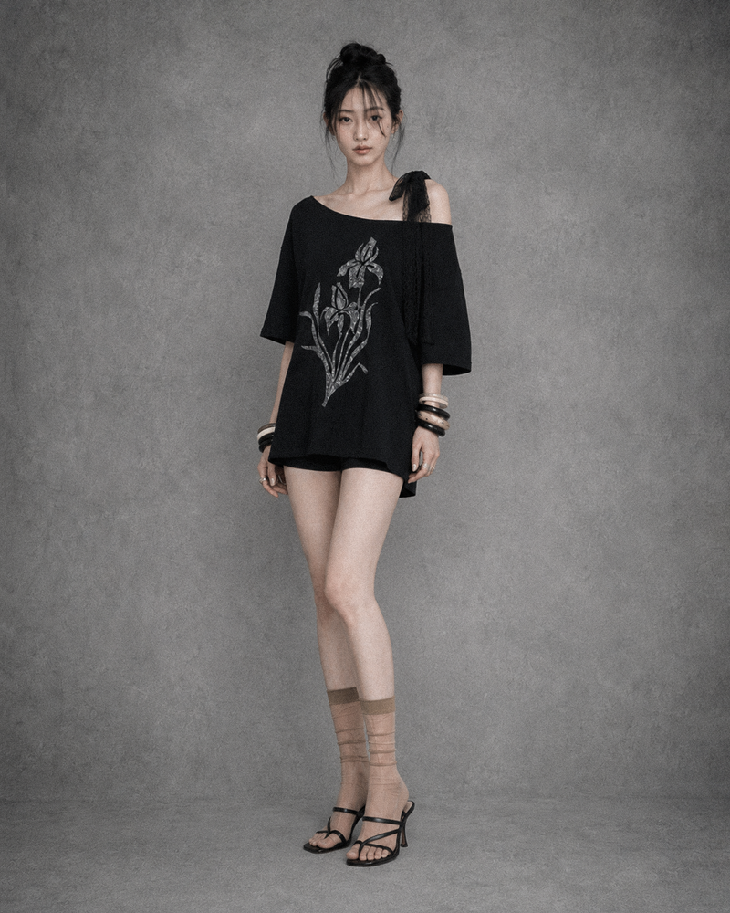 Iris Lace Ribbon Tee #Black(黑)