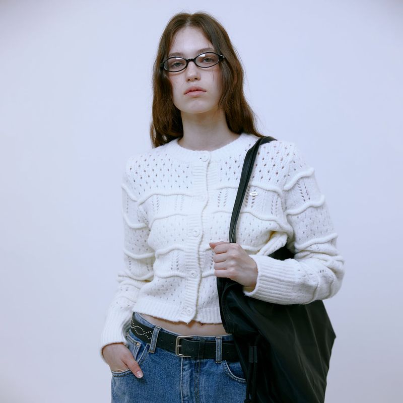Wave Crop Knit Cardigan (IVORY)