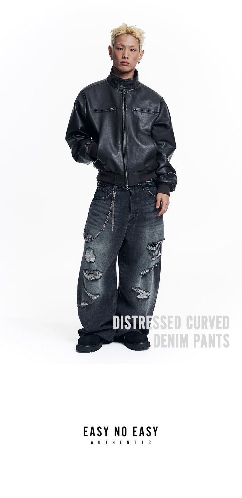 Distressed Curved Denim Pants - Black