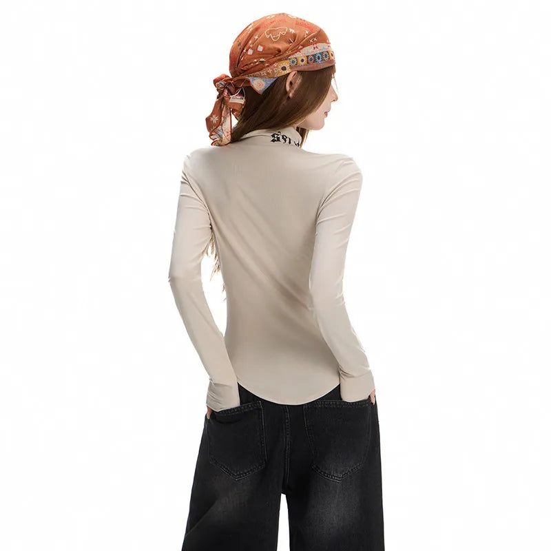 Vintage Dog Print Mock Neck Long Sleeve Top