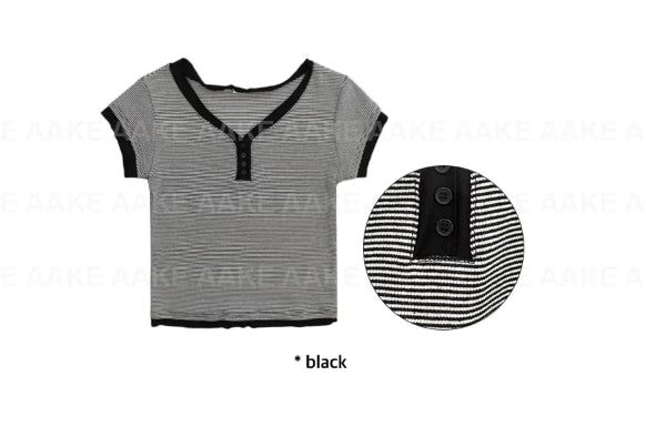 V-BUTTON STRIPE TEE