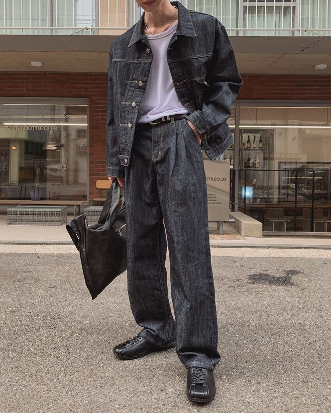 Friendly Pintuck Trucker Denim Jacket Pants Set