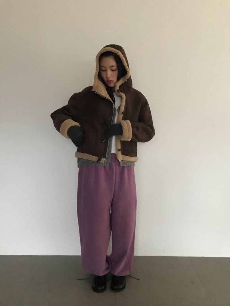 Femme Duffle Hooded Faux Shearling Jacket (2color)