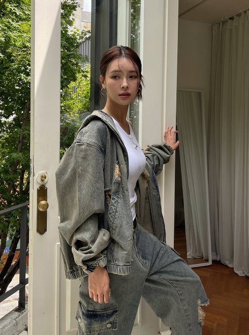 Damage Two Way Denim Hooded Jacket