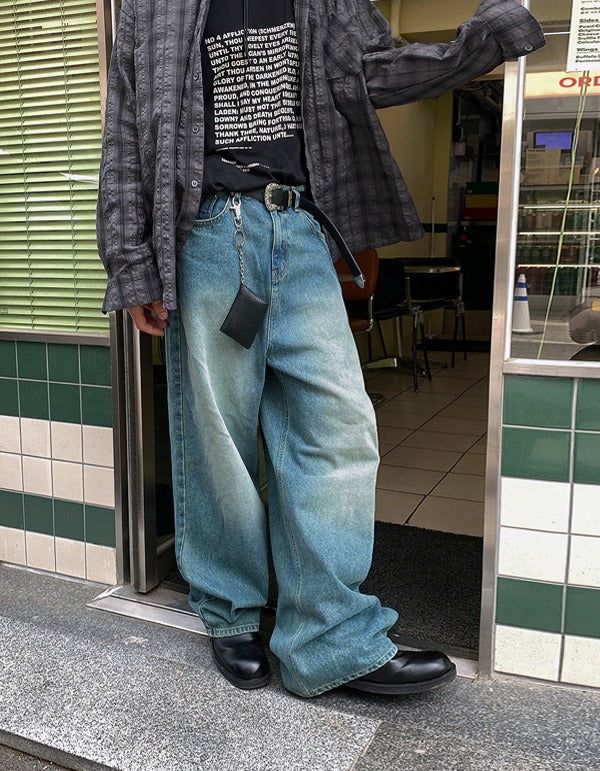No.0150 color washing denim wide PT