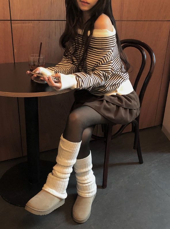 Boudin Stripe Loose Off-Shoulder Button Knit