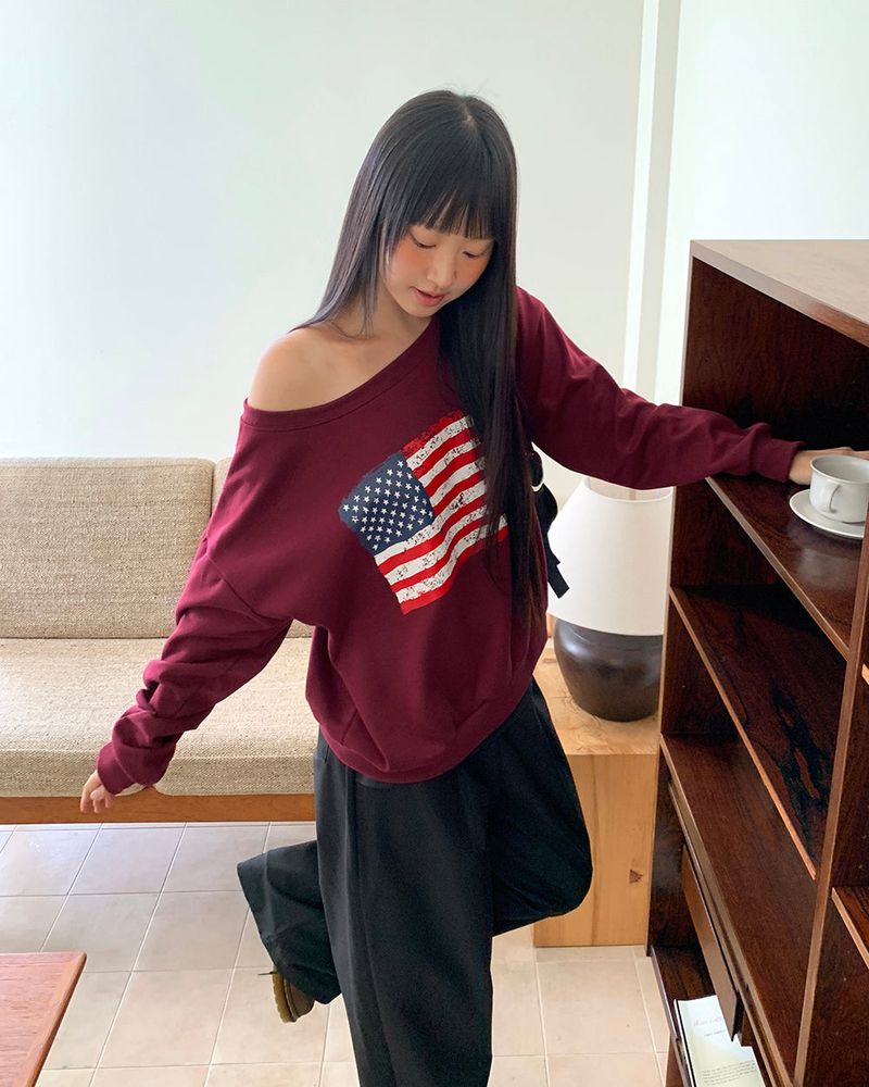 Murhit American Flag Printed One-Off Shoulder Long Sleeve Sweatshirt